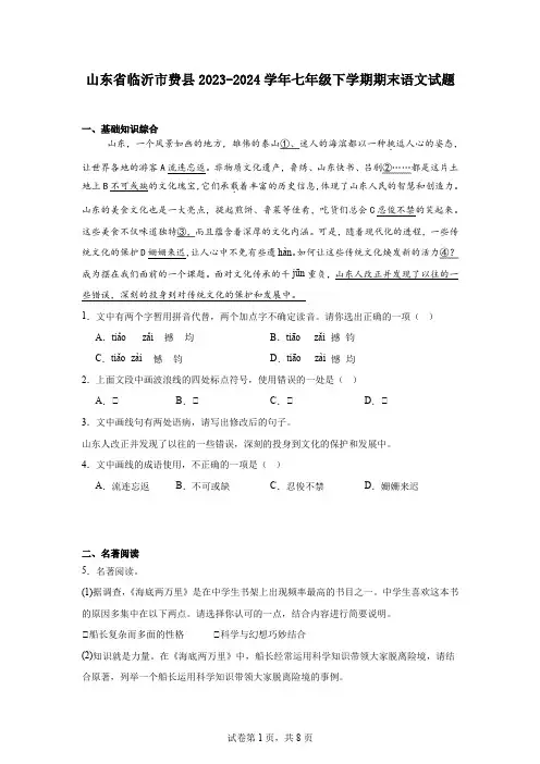 山东省临沂市费县2023-2024学年七年级下学期期末语文试题