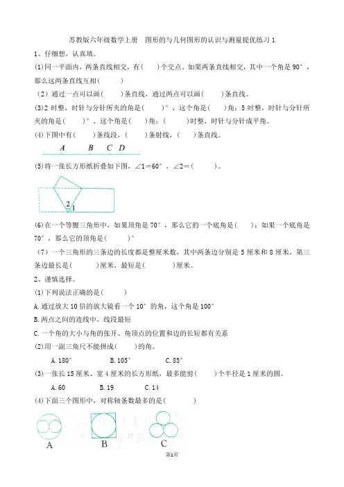 苏教版六年级数学下册  图形与集合 图形的认识与测量提优练习(1)
