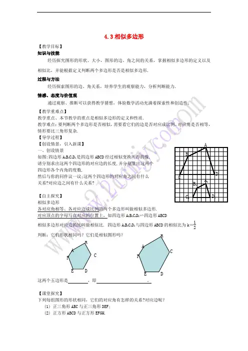九年级数学上册 第四章 第3节 相似多边形导学案(无答案)(新版)北师大版