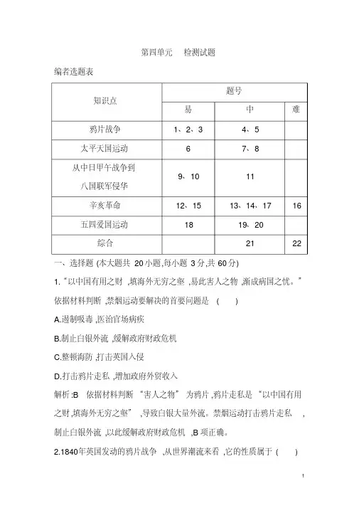2018版高中历史岳麓版必修一试题：第四单元检测试题