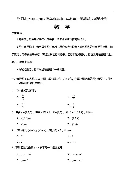 四川省资阳市2018—2019学年度高2021届高中一年级第一学期期末质量检测数学试卷