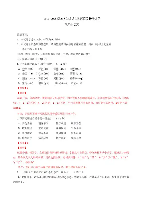 山东省临沂市2016届九年级上学期期中统考语文试题(解析版)