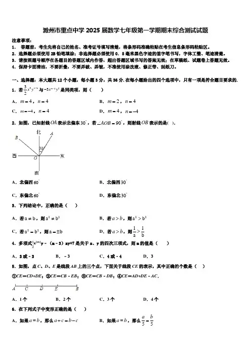 滁州市重点中学2025届数学七年级第一学期期末综合测试试题含解析