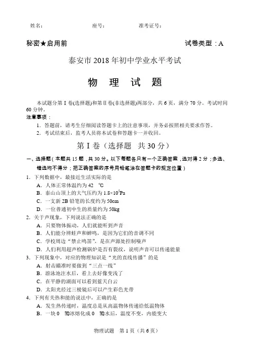 山东省泰安市中考题物理试题PDF版,含答案.pdf