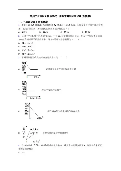 苏州工业园区外国语学校初三化学上册期末测试化学试题(含答案)