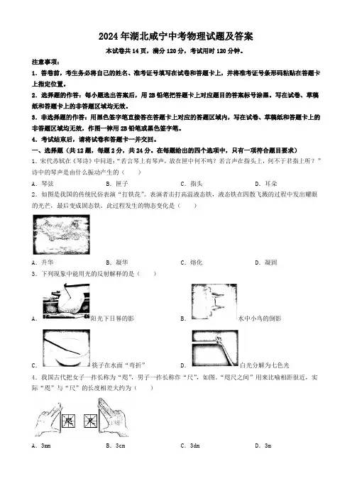 2024年湖北咸宁中考物理试题及答案