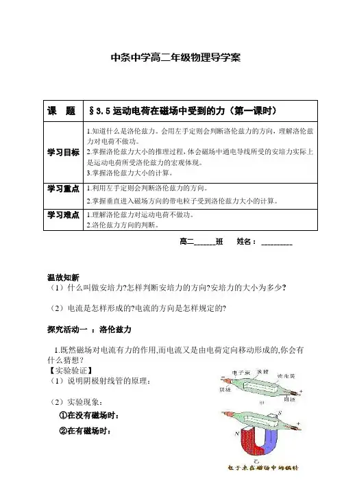 3.5运动电荷在磁场中受到的力学案