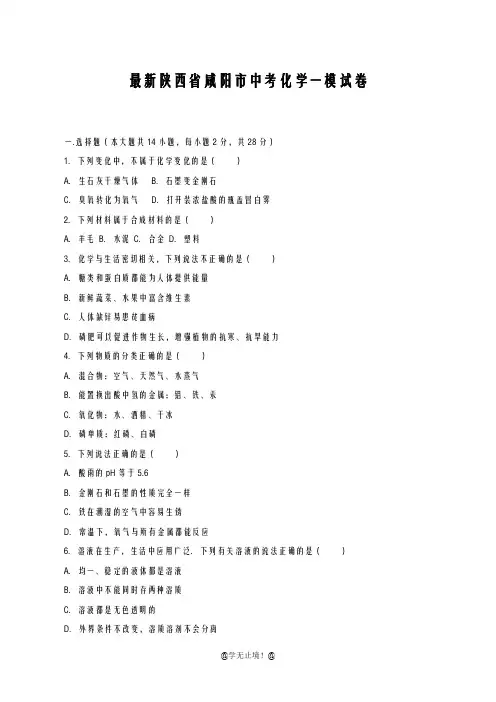 2020-2021学年陕西省咸阳市中考化学模拟试题及答案详解
