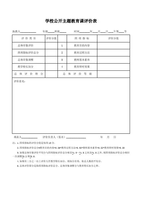 学校公开主题教育课评价表