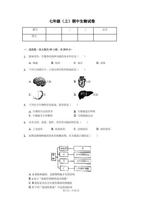 山东省青岛市 七年级(上)期中生物试卷