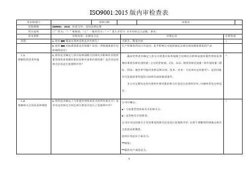 (完整版)ISO9001-2015版内审检查表
