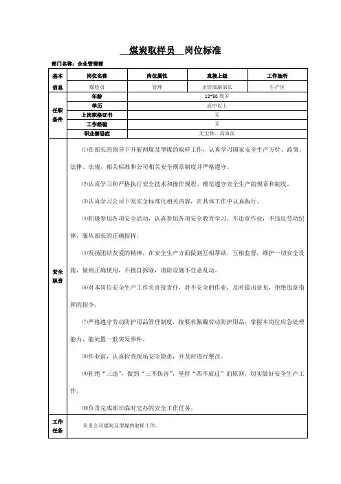 煤炭取样员   岗位标准