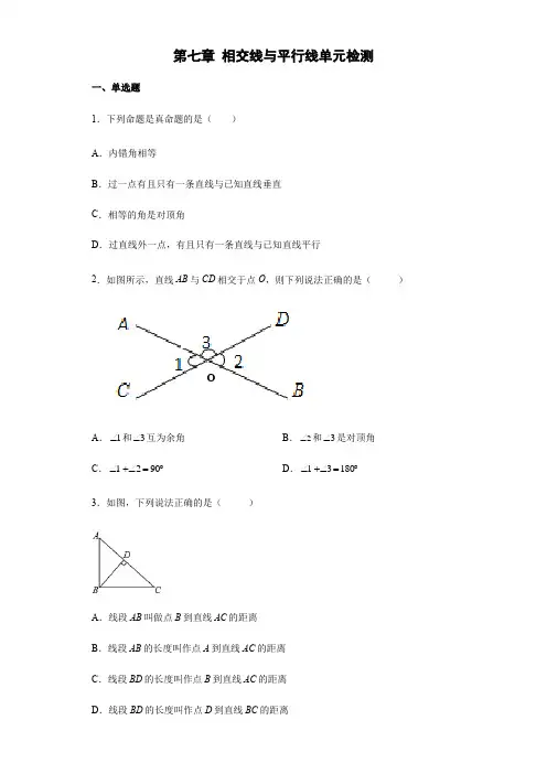 第七章 相交线与平行线 单元检测-2021-2022学年冀教版七年级数学下册(word版含答案)