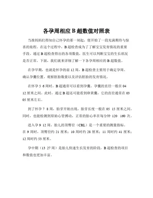 各孕周相应B超数值对照表