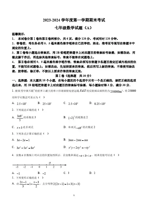 山东省滨州市滨城区2023-2024学年七年级上学期期末考试数学试题(含答案)