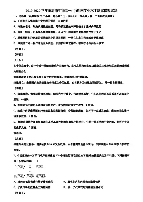 2019-2020学年临沂市生物高一(下)期末学业水平测试模拟试题含解析