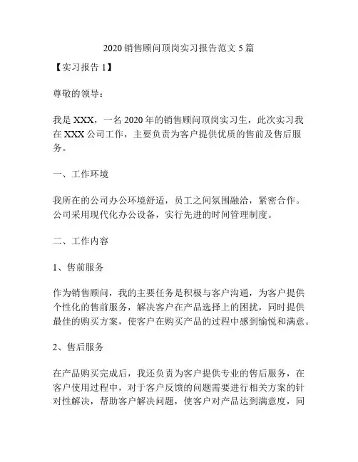 2020销售顾问顶岗实习报告范文5篇