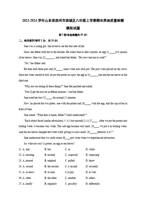 2023-2024学年山东省滨州市滨城区八年级上学期期末英语质量检测模拟试题(含答案)