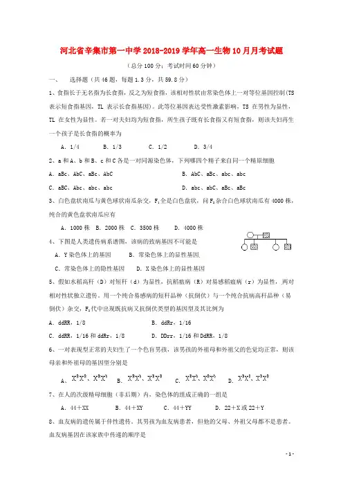 河北省辛集市第一中学2018_2019学年高一生物10月月考试题