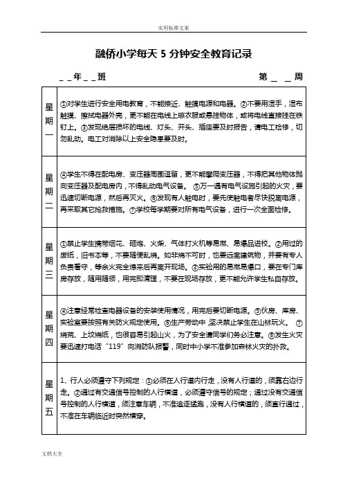 每天五分钟安全系统教育(表格)