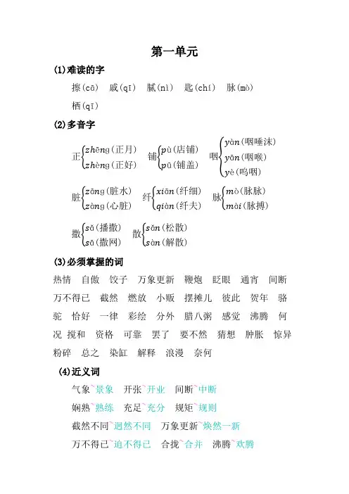 部编版语文六年级下册近义词、反义词、多音字、必会词语汇总