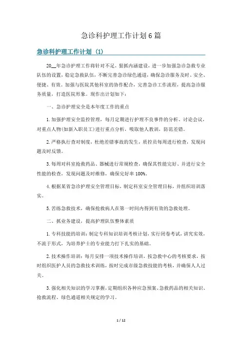 急诊科护理工作计划6篇