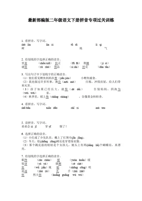 最新部编版二年级语文下册拼音专项过关训练