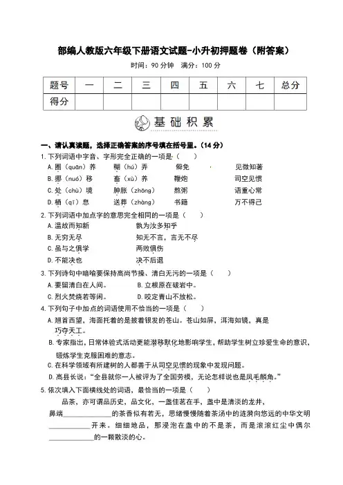 2020部编人教版六年级下册语文试题-小升初押题卷(附答案)