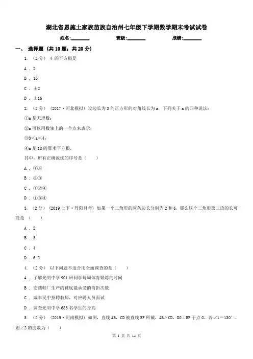 湖北省恩施土家族苗族自治州七年级下学期数学期末考试试卷