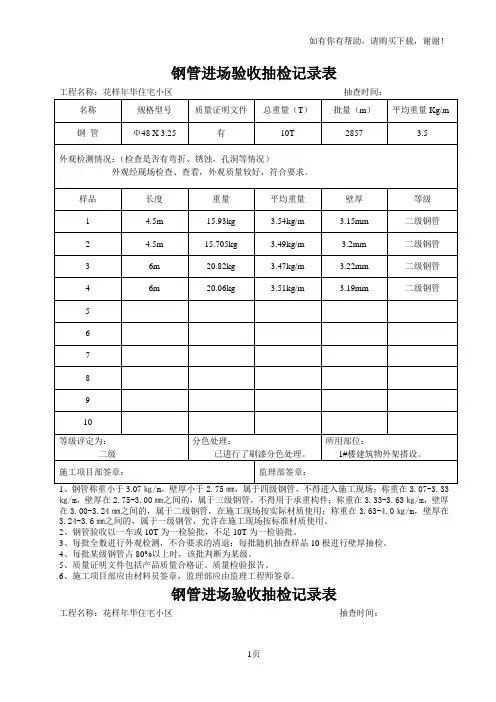 钢管进场验收抽检记录表