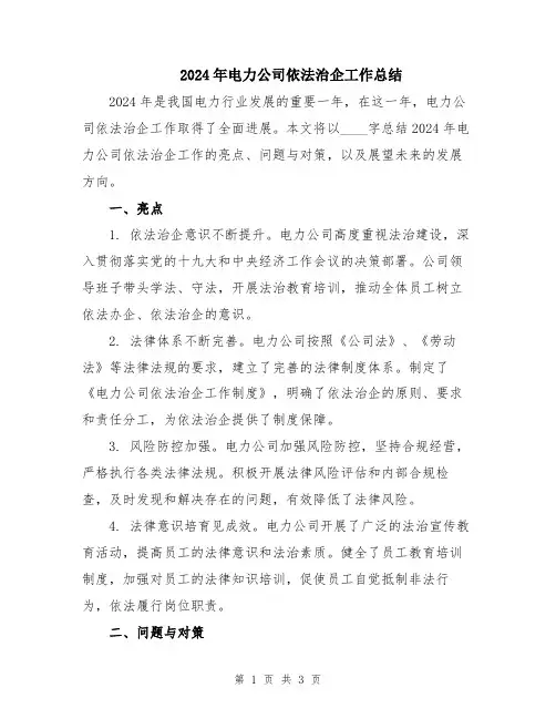 2024年电力公司依法治企工作总结