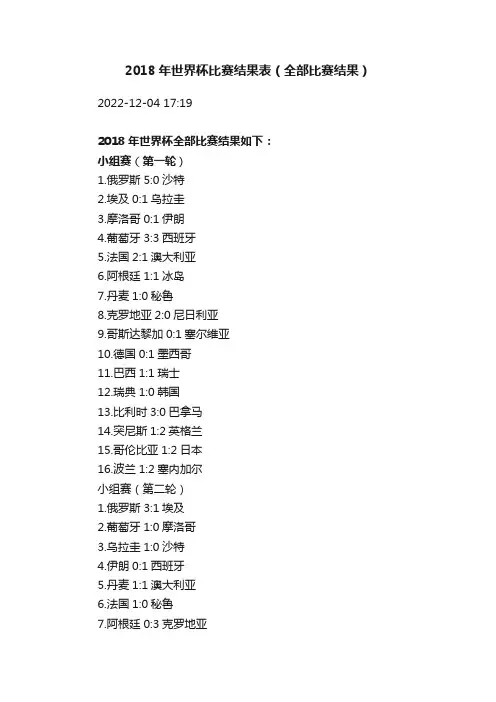 2018年世界杯比赛结果表（全部比赛结果）