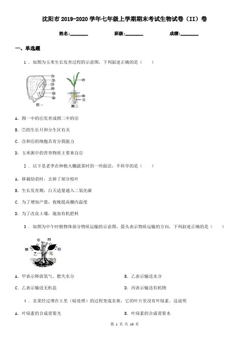 沈阳市2019-2020学年七年级上学期期末考试生物试卷(II)卷