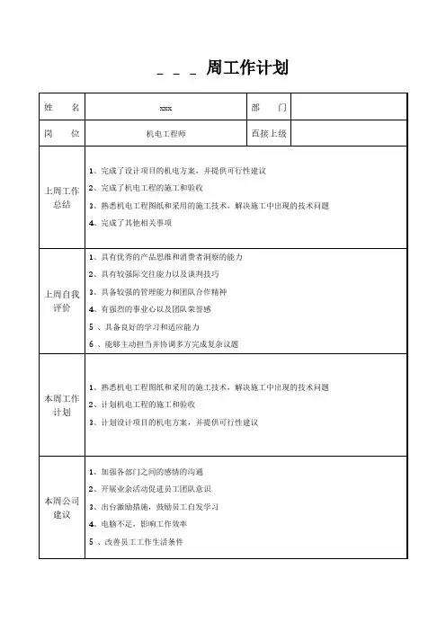 机电工程师周工作计划