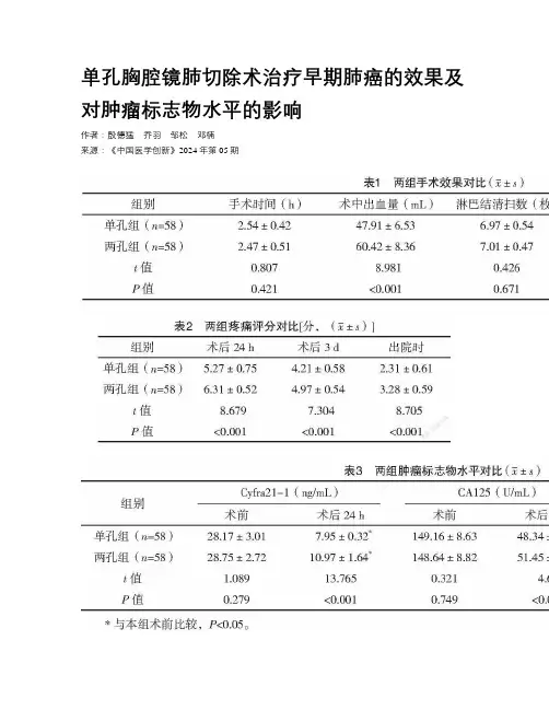 单孔胸腔镜肺切除术治疗早期肺癌的效果及对肿瘤标志物水平的影响