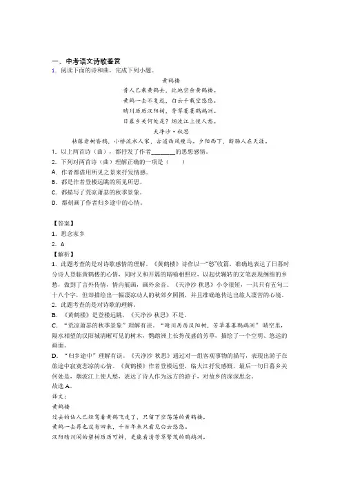 备战中考语文复习《诗歌鉴赏》专项综合练习附答案