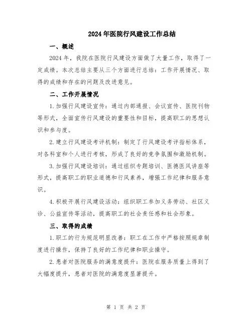 2024年医院行风建设工作总结