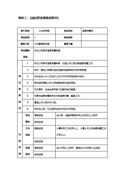XX证券公司信息披露岗岗位职责调查说明书