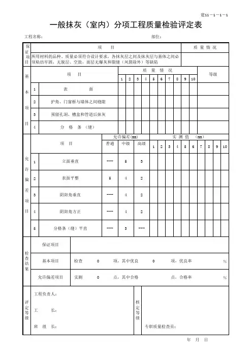 一般抹灰(室内)分项工程质量检验评定表
