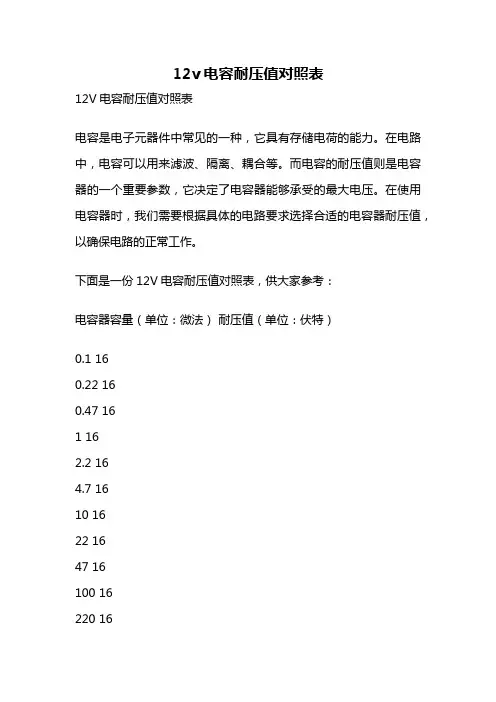 12v电容耐压值对照表