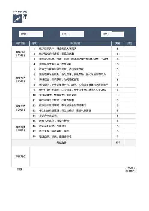 教师优质课评级打分表