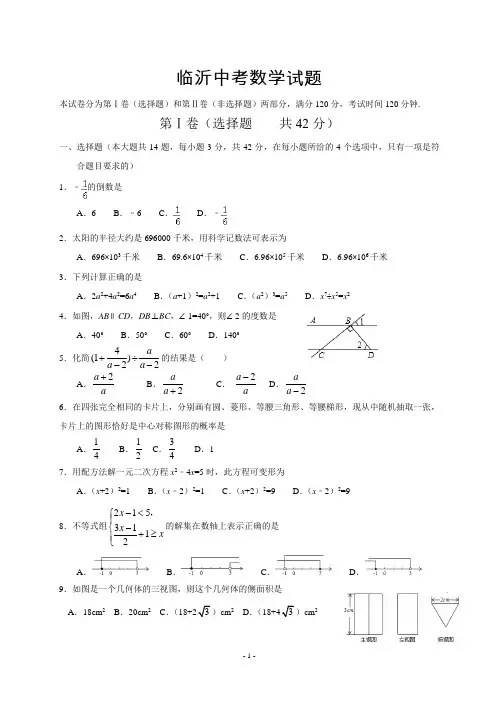 临沂中考数学试题及答案