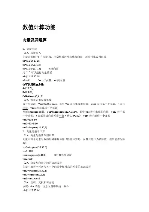 MATLAB数值计算功能(向量、矩阵、数组、稀疏矩阵)-推荐下载