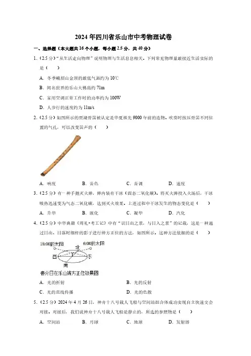 2024年四川省乐山市中考物理真题卷及答案解析