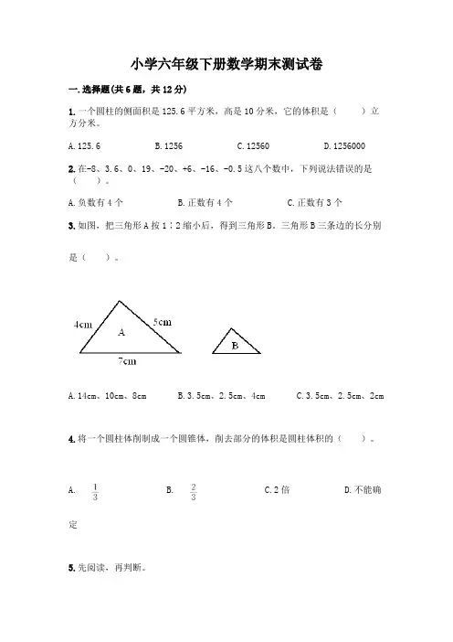 小学六年级下册数学期末测试卷附参考答案(典型题)