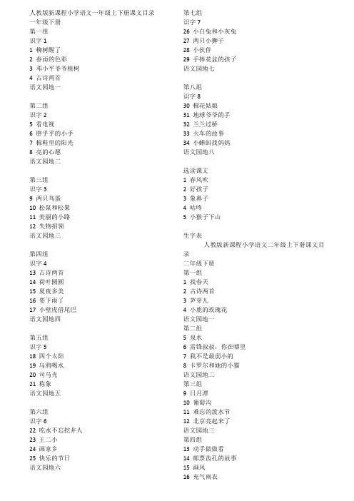 小学语文一年级至六年级目录(人教版)