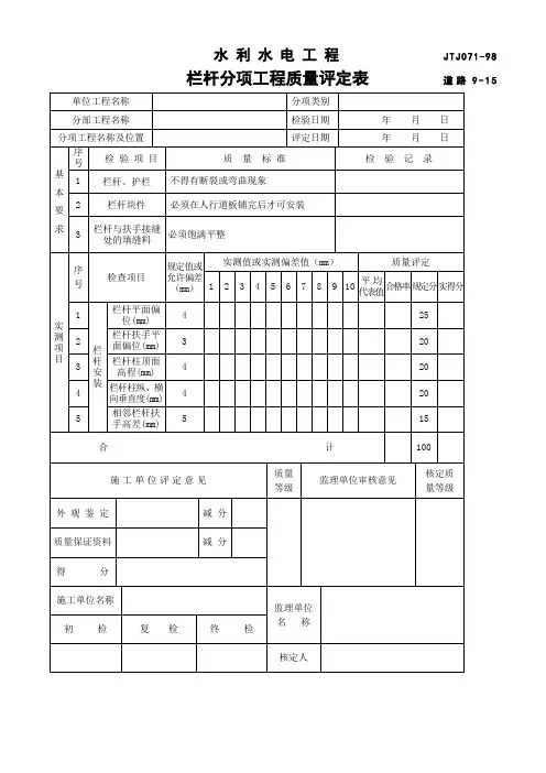 水利水电工程栏杆分项工程质量评定表