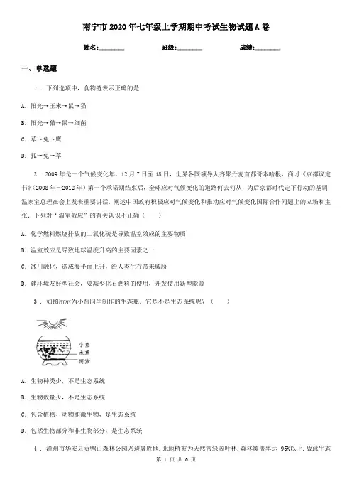 南宁市2020年七年级上学期期中考试生物试题A卷