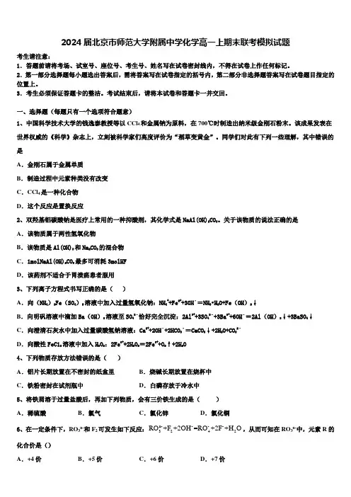 2024届北京市师范大学附属中学化学高一上期末联考模拟试题含解析
