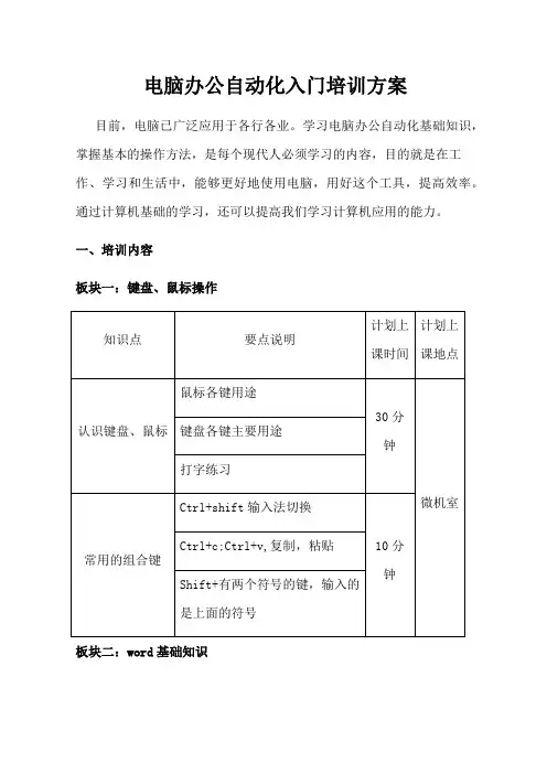 电脑办公自动化入门培训方案